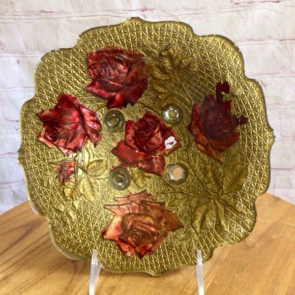 Vintage Goofus Glass Reverse Painted Gold with Red Roses Footed Glass Bowl - Picture 1 of 7